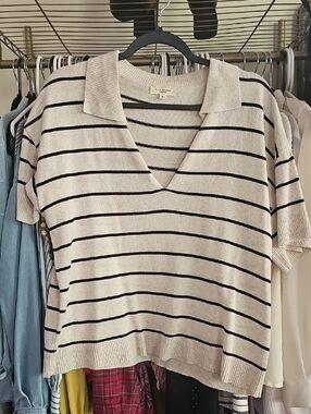 Max Studio Cream and Black Striped Polo V-Neck Short Sleeve Sweater